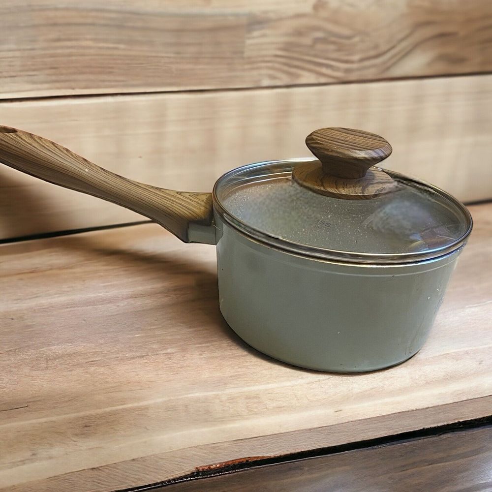 Master Class Premium Cookware Saucepan Wood Handle With Glass Lid BlueGreen